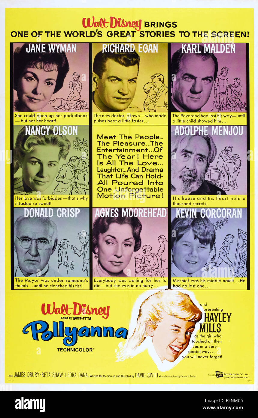 POLLYANNA, US Plakatkunst, (obere Reihe l-R): Jane Wyman, Richard Egan, Karl Malden, (zweite Zeile l-R): Nancy Olson, Adolphe Menjou, Stockfoto