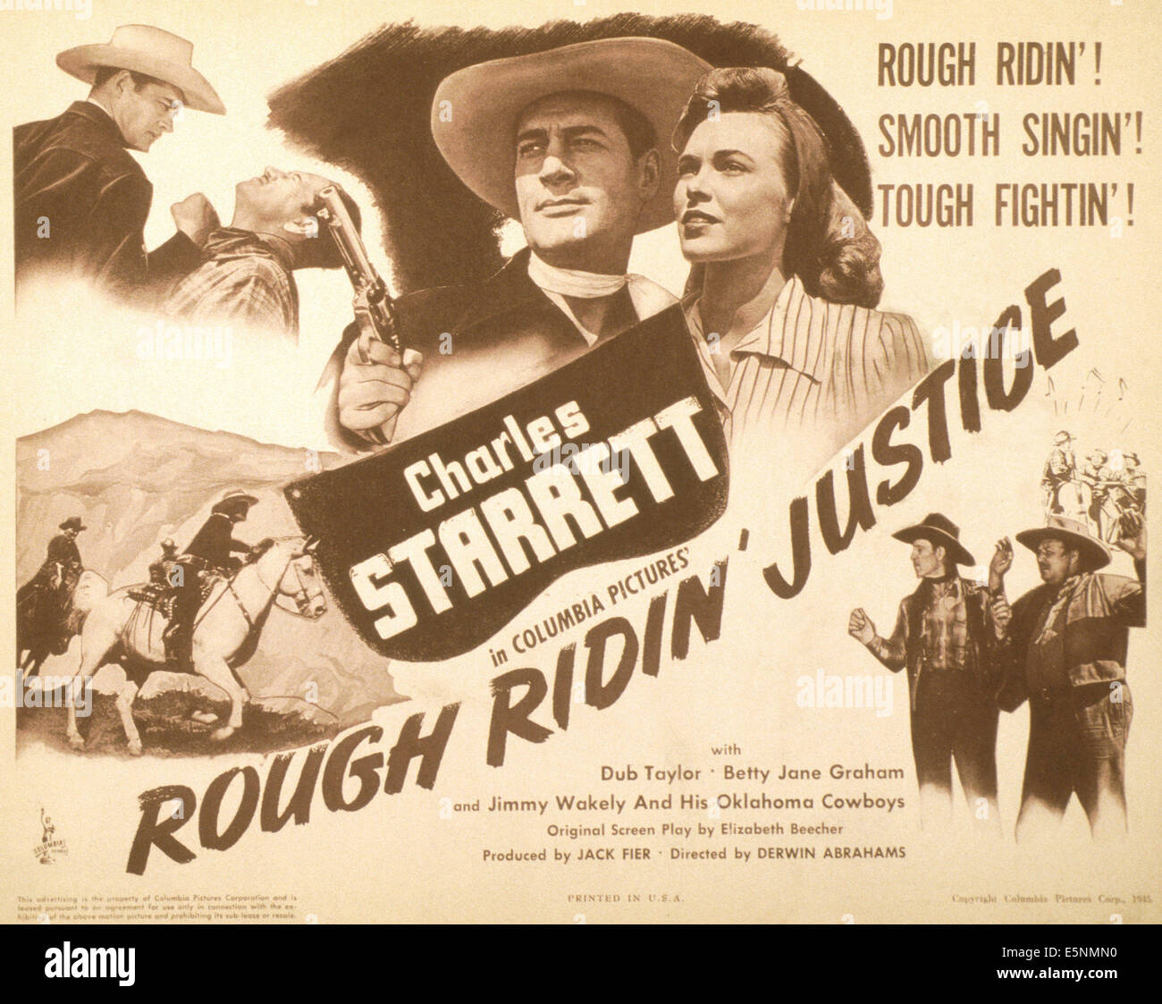 GROBE Ridin ' Gerechtigkeit, US-Plakat, Mitte von links: Charles Starrett, Betty Jane Graham, 1945 Stockfoto