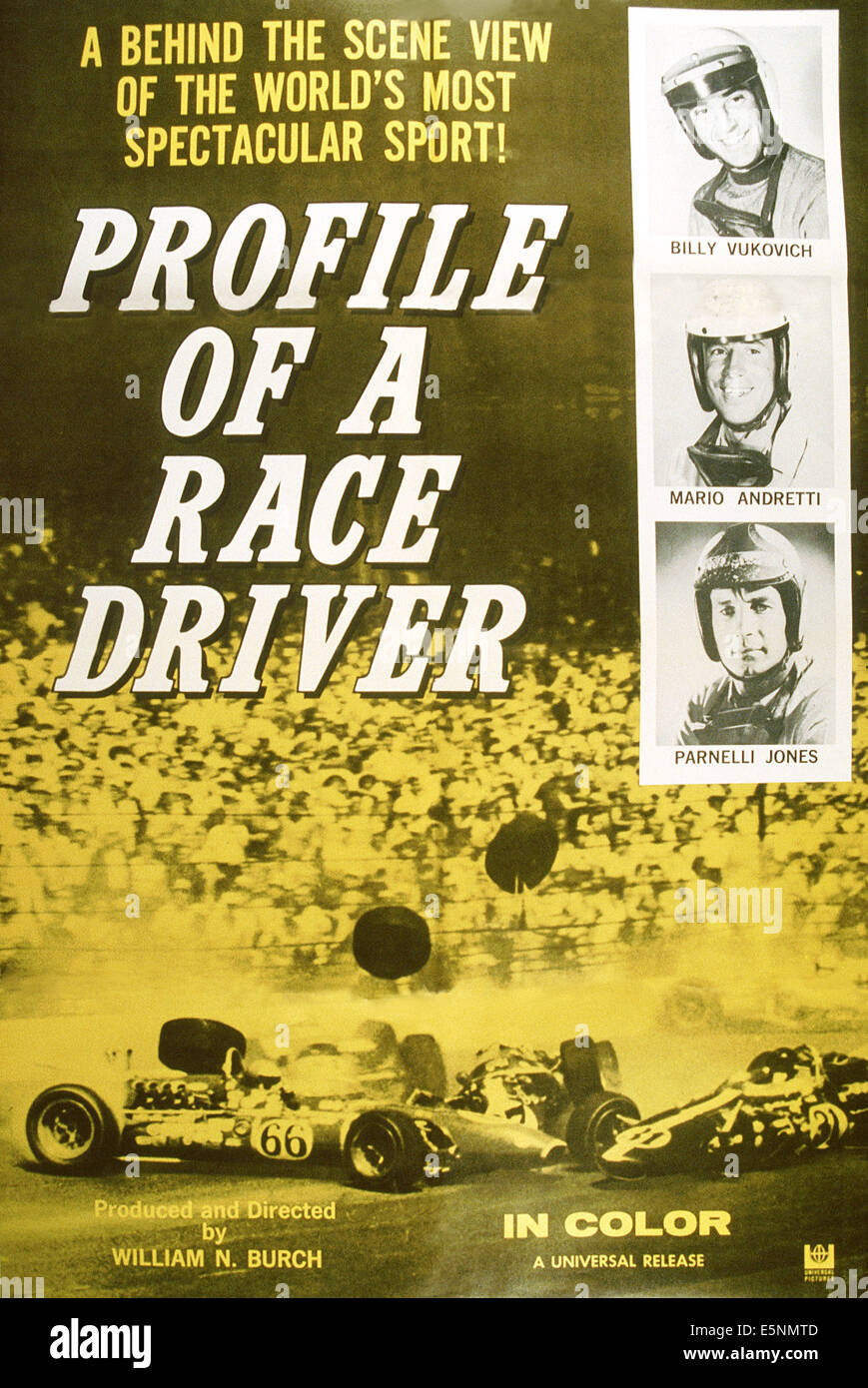 Profil von A RACE DRIVER, US-Plakat, von oben: Bily Vukovich, Mario Andretti, Parnelli Jones, 1960er Jahre Stockfoto