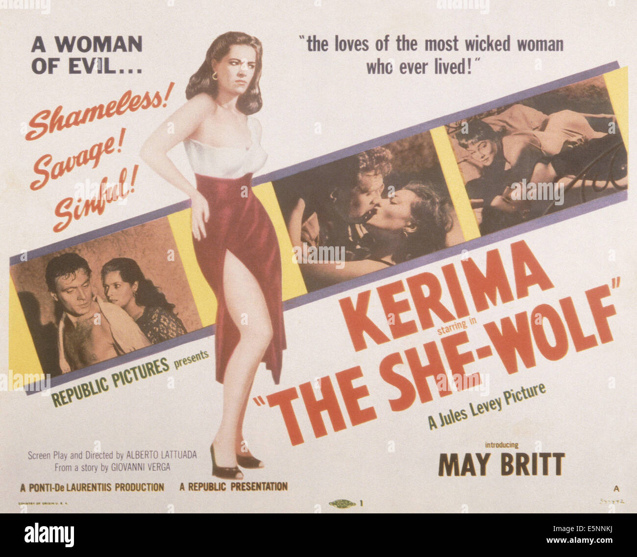 SHE WOLF, (auch bekannt als LA LUPA), US-Poster in ersten Pictue v.l: Ettore Manni, Kerima, Kerima (stehend), 1953 Stockfoto