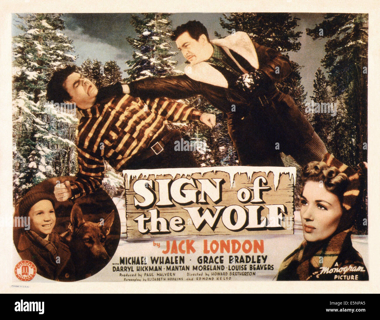 SIGN OF THE WOLF, USA Lobbycard, Darryl Hickman (unten links), Michael Whalen (oben rechts), Grace Bradley (unten rechts), 1941 Stockfoto