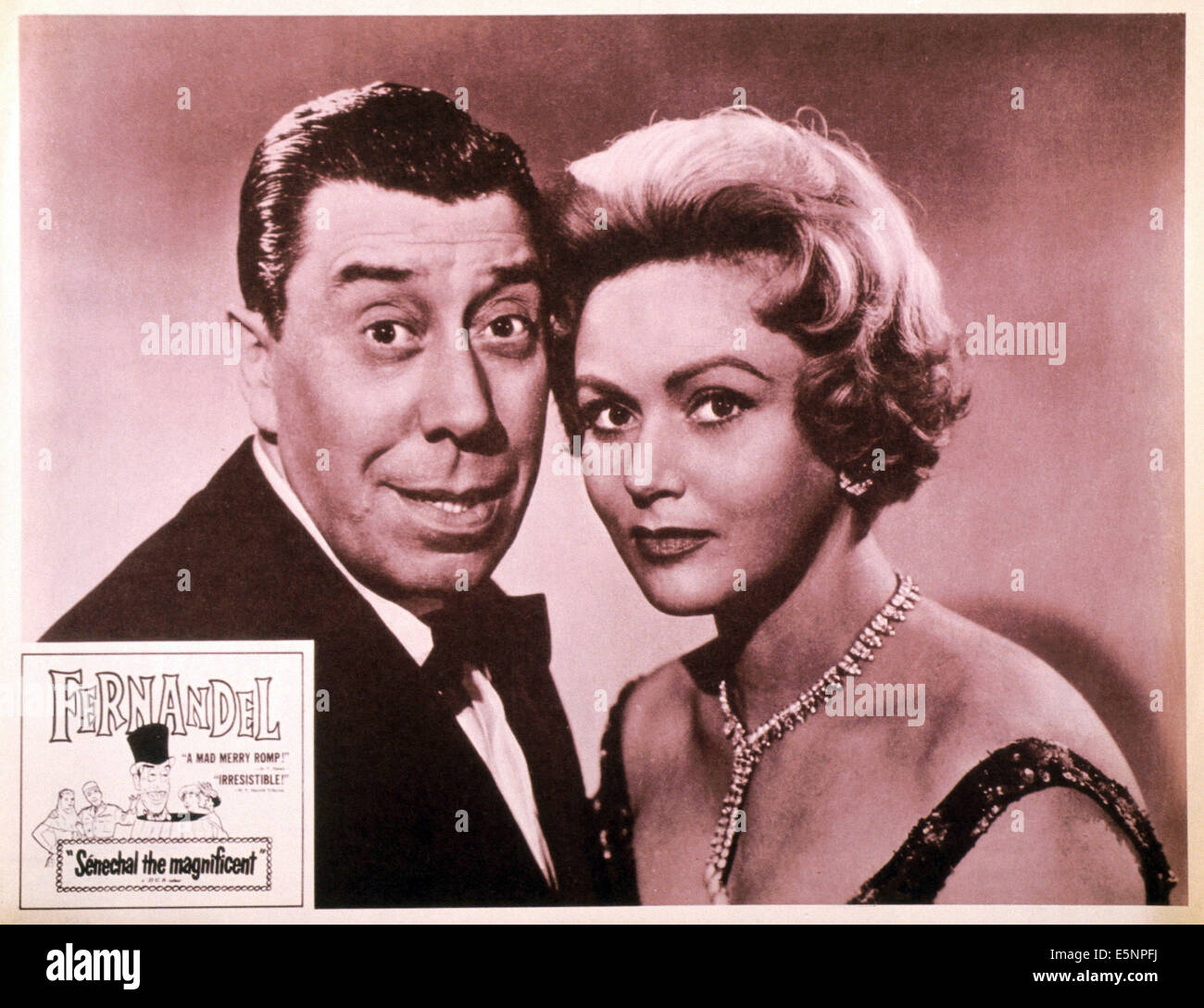 Blanc THE MAGNIFICENT, (aka Blanc LE MAGNIFIQUE), US-Lobbycard, von links: Fernandel, Nadia Gray, 1957 Stockfoto