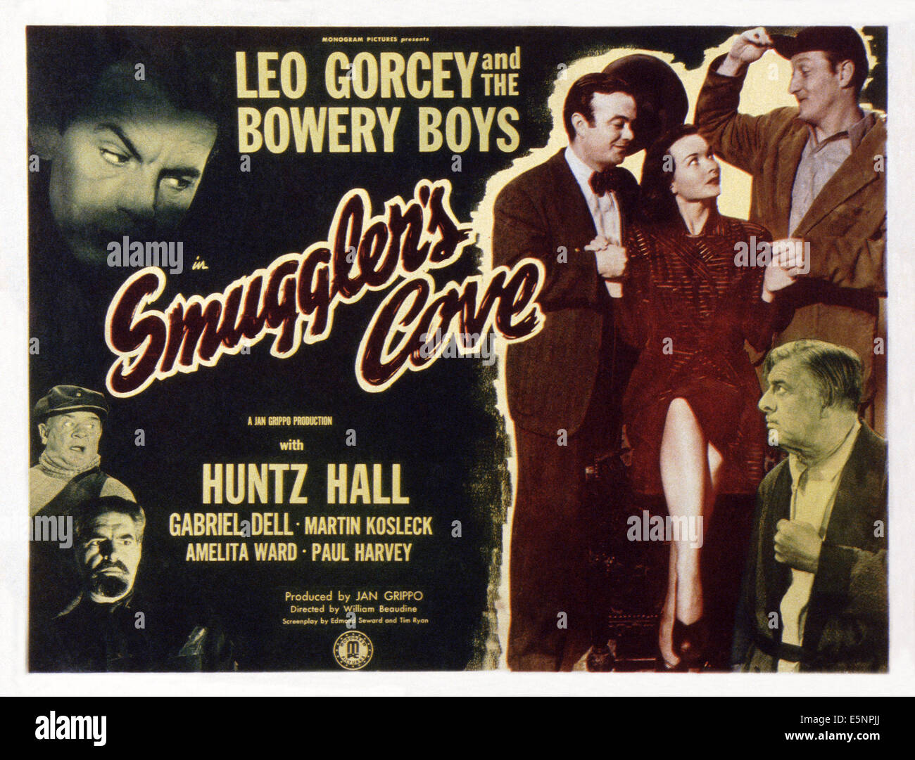 SMUGGLER es COVE, US Lobbycard, oben links: Martin Kosleck; rechts: Leo Gorcey, Amelita Ward, Huntz Hall, Paul Harvey, 1948 Stockfoto