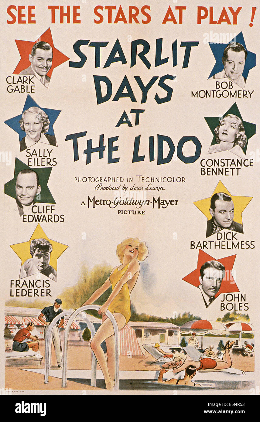Sternenhimmel Tage im THE LIDO, US-Plakat von oben links: Clark Gable, Sally Eilers, Cliff Edwards, Francis Lederer, rechts von oben: Stockfoto