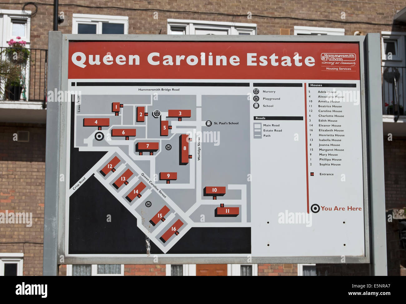Melden Sie mit schematische Karte der Königin caroline Estate, Hammersmith, London, england Stockfoto