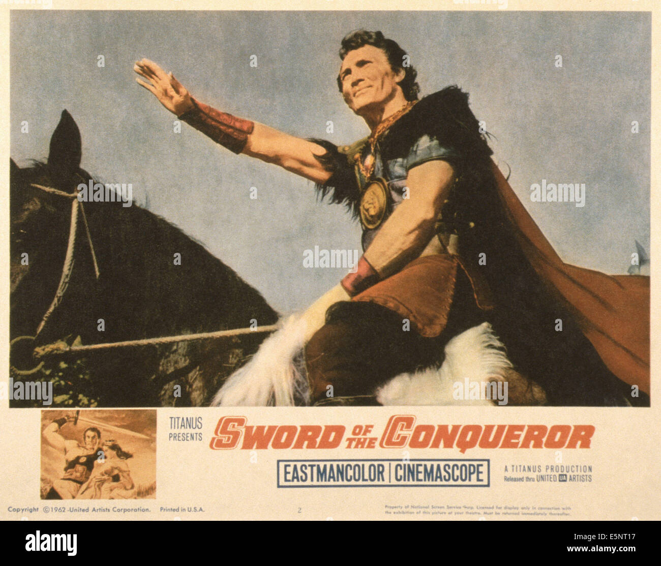 Schwert des THE CONQUEROR, (aka ROSMUNDA E ALBOINO), US-Lobbycard, Jack Palance, 1961 Stockfoto