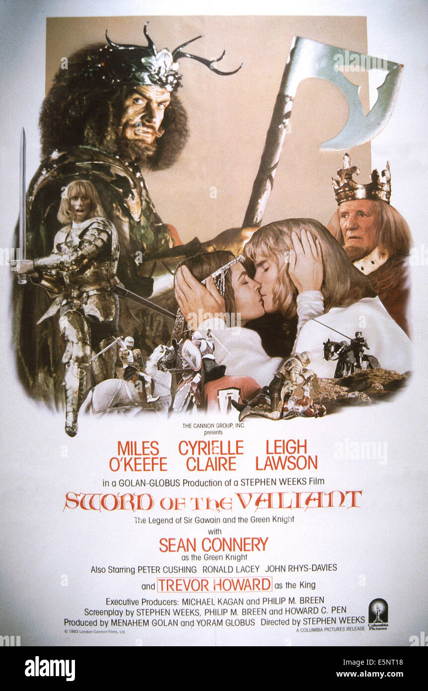 Schwert von THE VALIANT, US-Plakat von hinten links: Sean Connery, Miles O'Keeffe, küssen, von links: Cyrielle Clair, Meilen Stockfoto