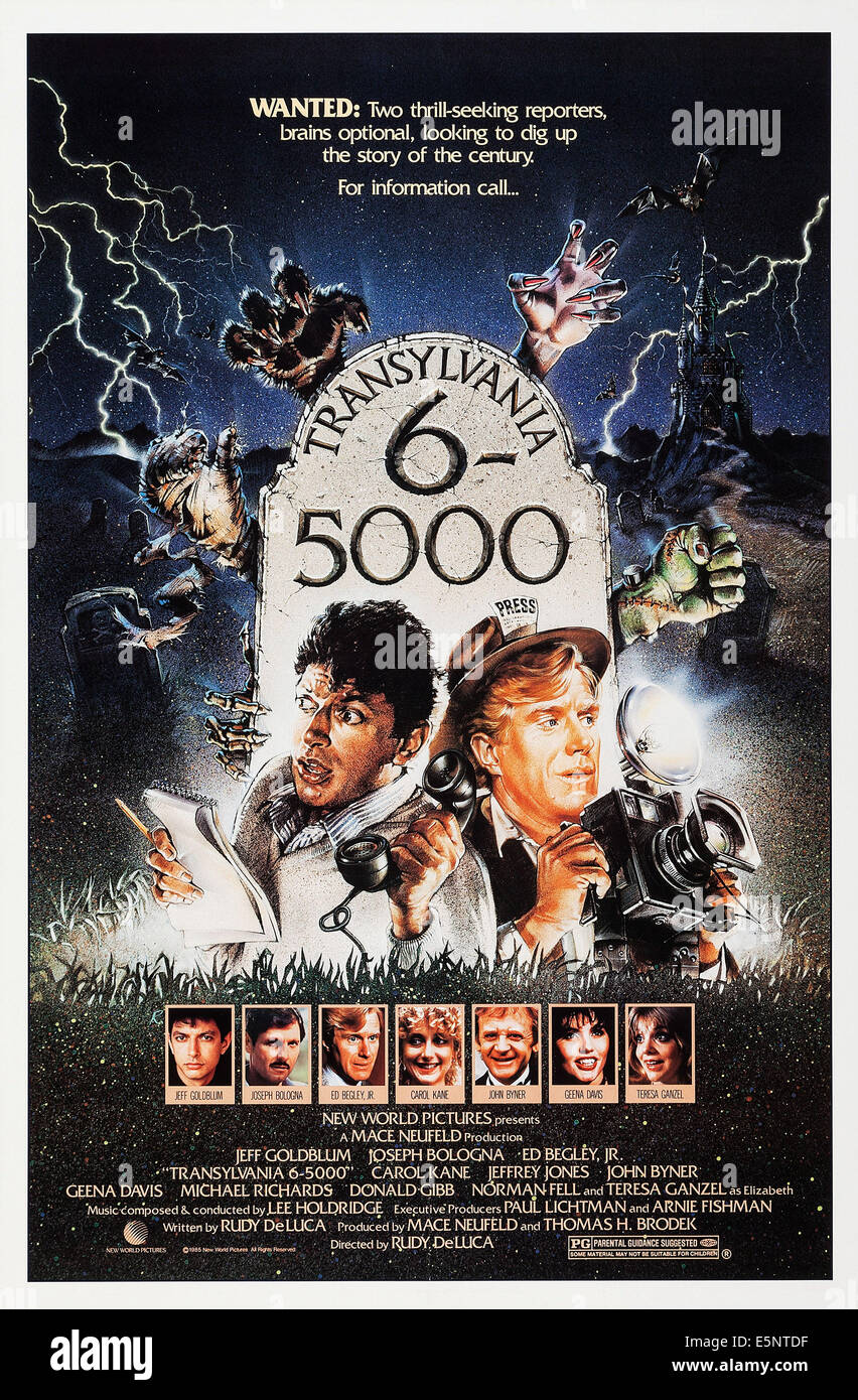 TRANSYLVANIA 6-5000, US-Plakat, oben von links: Jeff Goldblum, Ed Begley Jr., unten von links: Jeff Goldblum, Joseph Bologna, Stockfoto