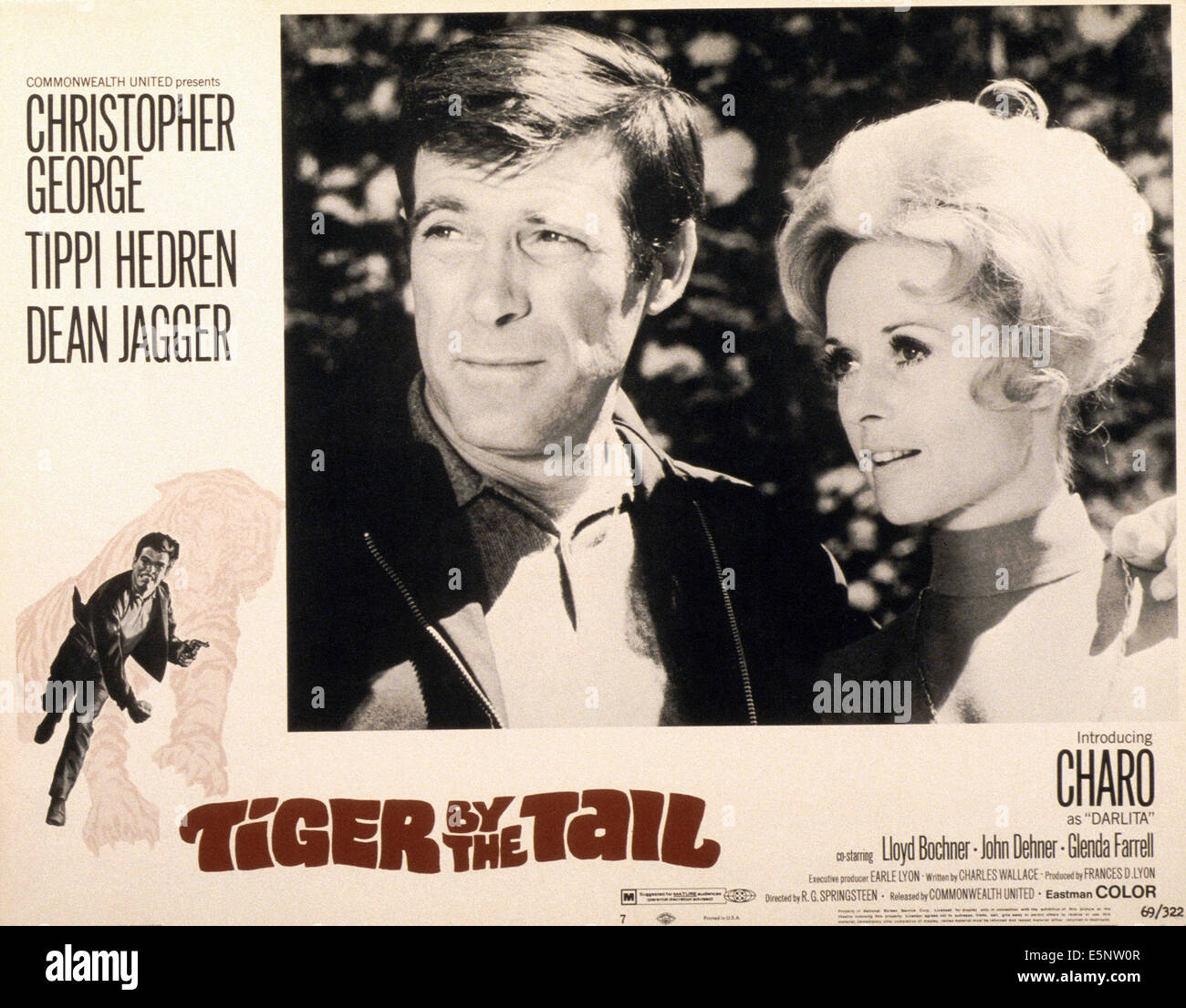 VON der TIGERSCHWANZ, US Lobbycard, von links: Christopher George, Tippi Hedren, 1970 Stockfoto