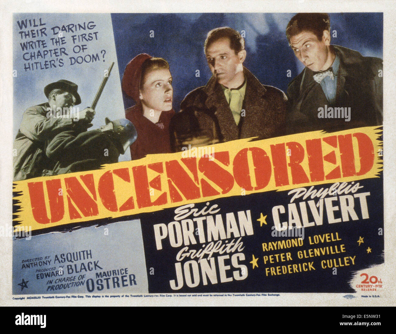 UNCENSORED, US Lobbycard, von links, Phyllis Calvert, Eric Portman, John Slater, 1942. TM und Copyright © 20. Century Fox Film Stockfoto