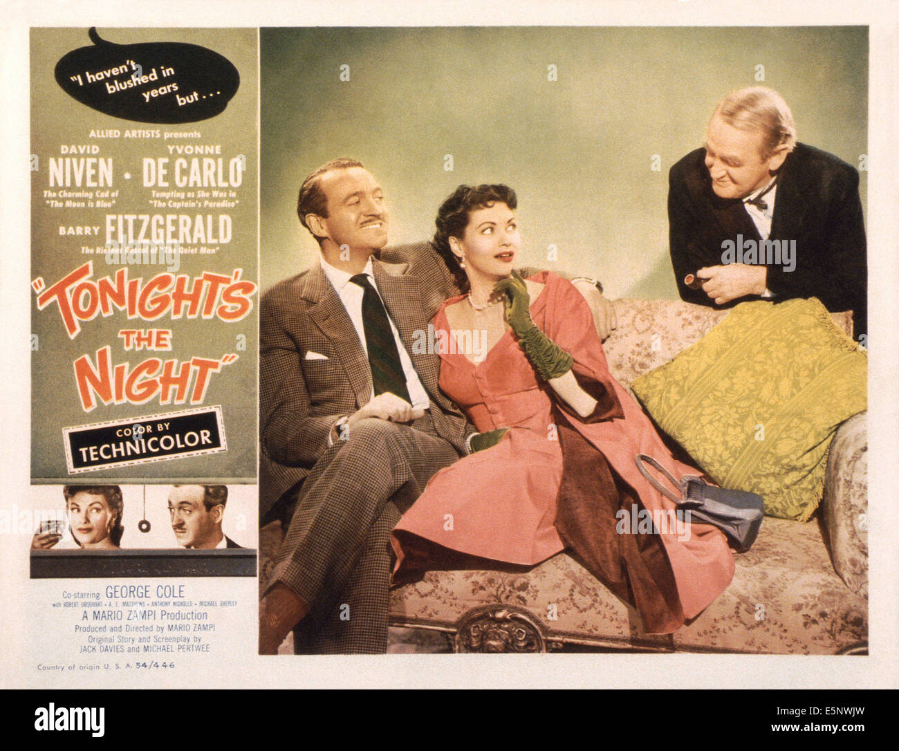 HAPPY je nach (aka heute Abend die Nacht), US-Lobbycard, von links: David Niven, Yvonne De Carlo, Barry Fitzgerald, 1954 Stockfoto