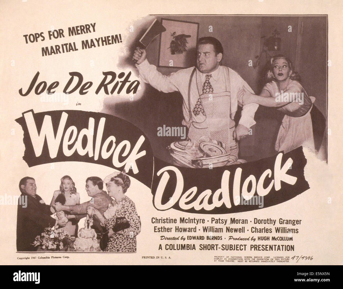 Ehe DEADLOCK, US Lobbycard, oben rechts: Joe DeRita, Christine McIntyre, 1947 Stockfoto