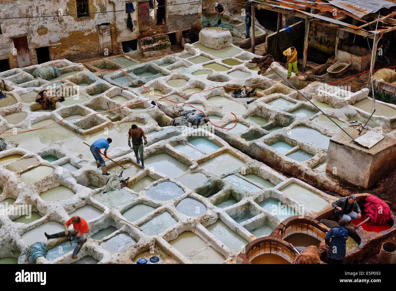 Fes, Leather District, sterben Gruben, Skins, Läden, die alle Arten von Lederwaren, Gerberei Chaouwara, Medina, Souk, Fes, Fez, Marokko Stockfoto