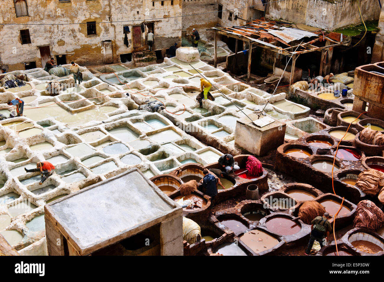 Fes, Leather District, sterben Gruben, Skins, Läden, die alle Arten von Lederwaren, Gerberei Chaouwara, Medina, Souk, Fes, Fez, Marokko Stockfoto