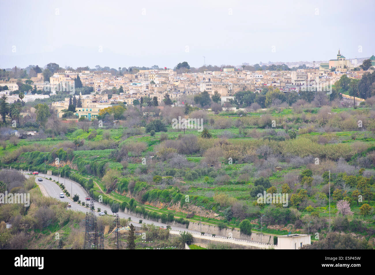 Skyline der Stadt Fez nach Ost und West, Souk, umgebenden Hügeln, Stadtmauern, jüdischer Friedhof, Moscheen, Minarette, ehemalige Hauptstadt, Marokko Stockfoto