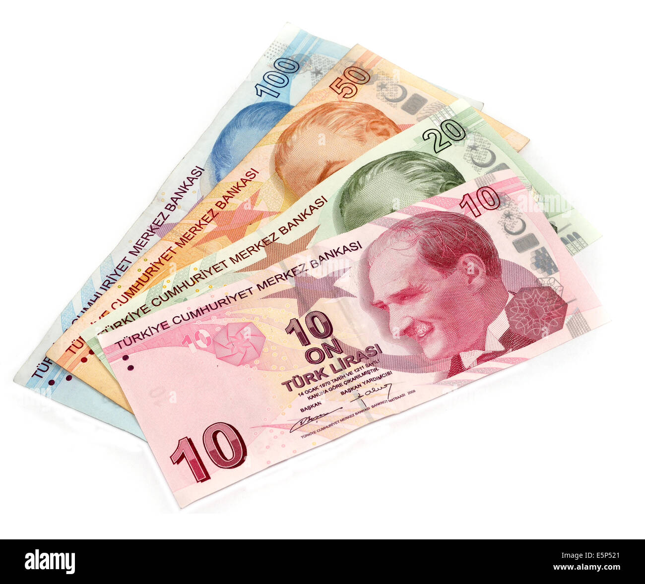 Türkische Lira-Banknoten isoliert Stockfoto