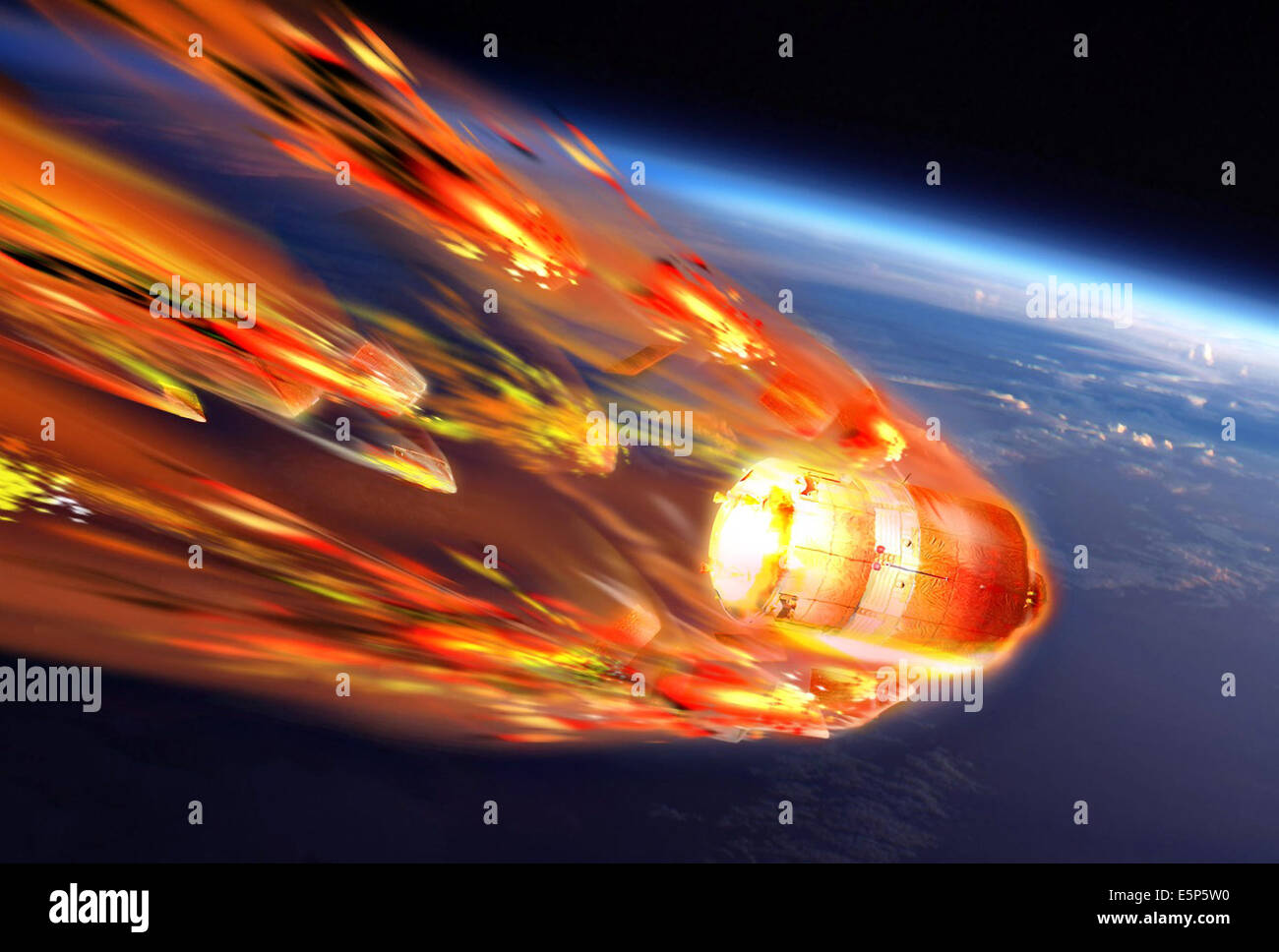 Eines Künstlers Darstellung der zerstörerischen Wiedereintritt in die Erdatmosphäre der European Space Agency fünfte und letzte Automated Transfer Vehicle ATV-5, nachdem es seine Mission zur internationalen Raumstation ISS 31. Juli 2014 abgeschlossen ist. Das ATV liefert neue Forschung liefert zur ISS und dann verbrennen, wie es die Atmosphäre wieder betritt. Stockfoto