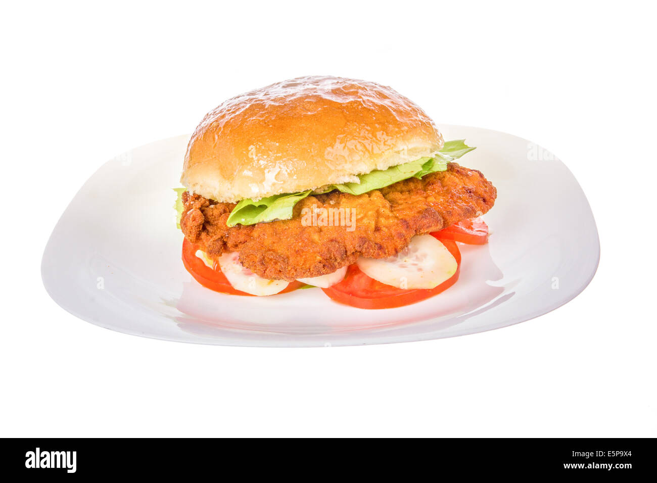 Rindfleisch Burger in Brot Brötchen mit Gurken und Tomaten auf weißen Teller isoliert; Gebratenes Kalbfleisch Schnitzel burger Stockfoto