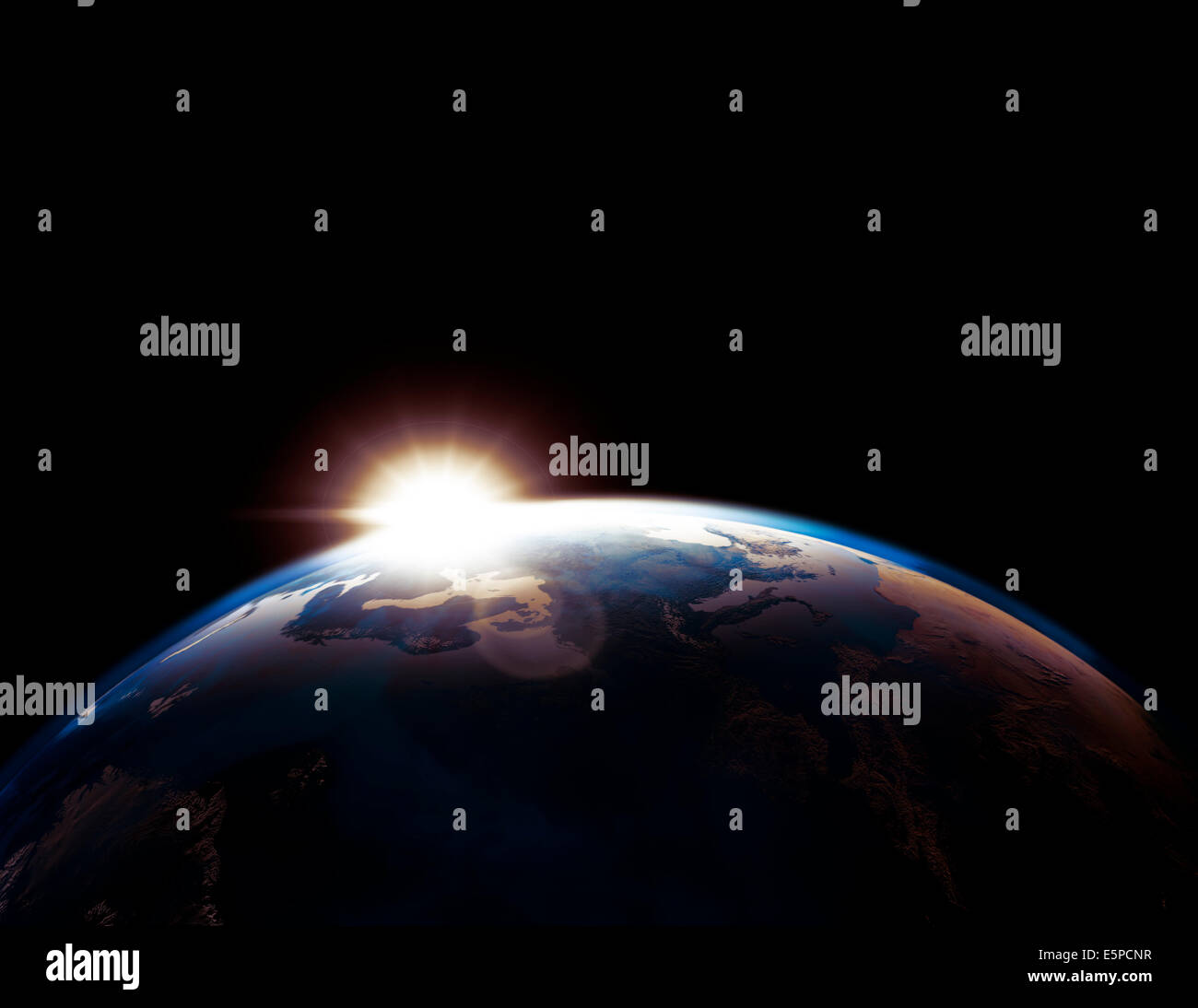 Erde Globus Umriss beleuchtet von der aufgehenden Sonne auf schwarzem Hintergrund isoliert Stockfoto