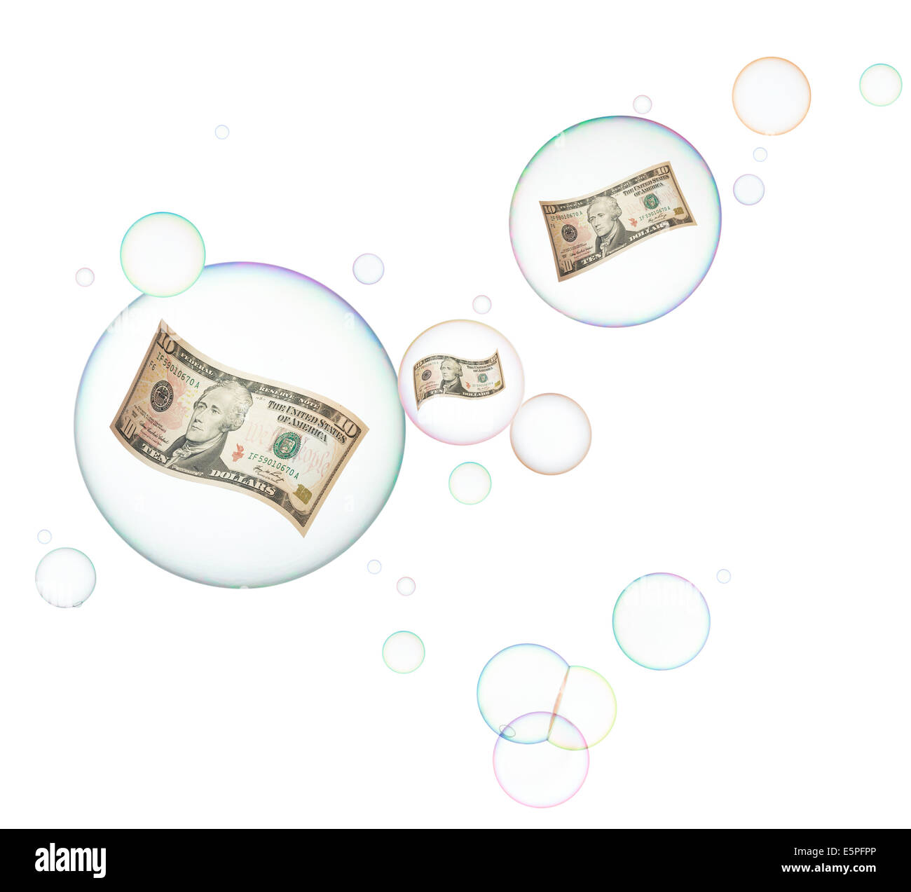 Banknoten in den Sprechblasen auf weißem Hintergrund, wirtschaftlichen Blase Konzept Stockfoto