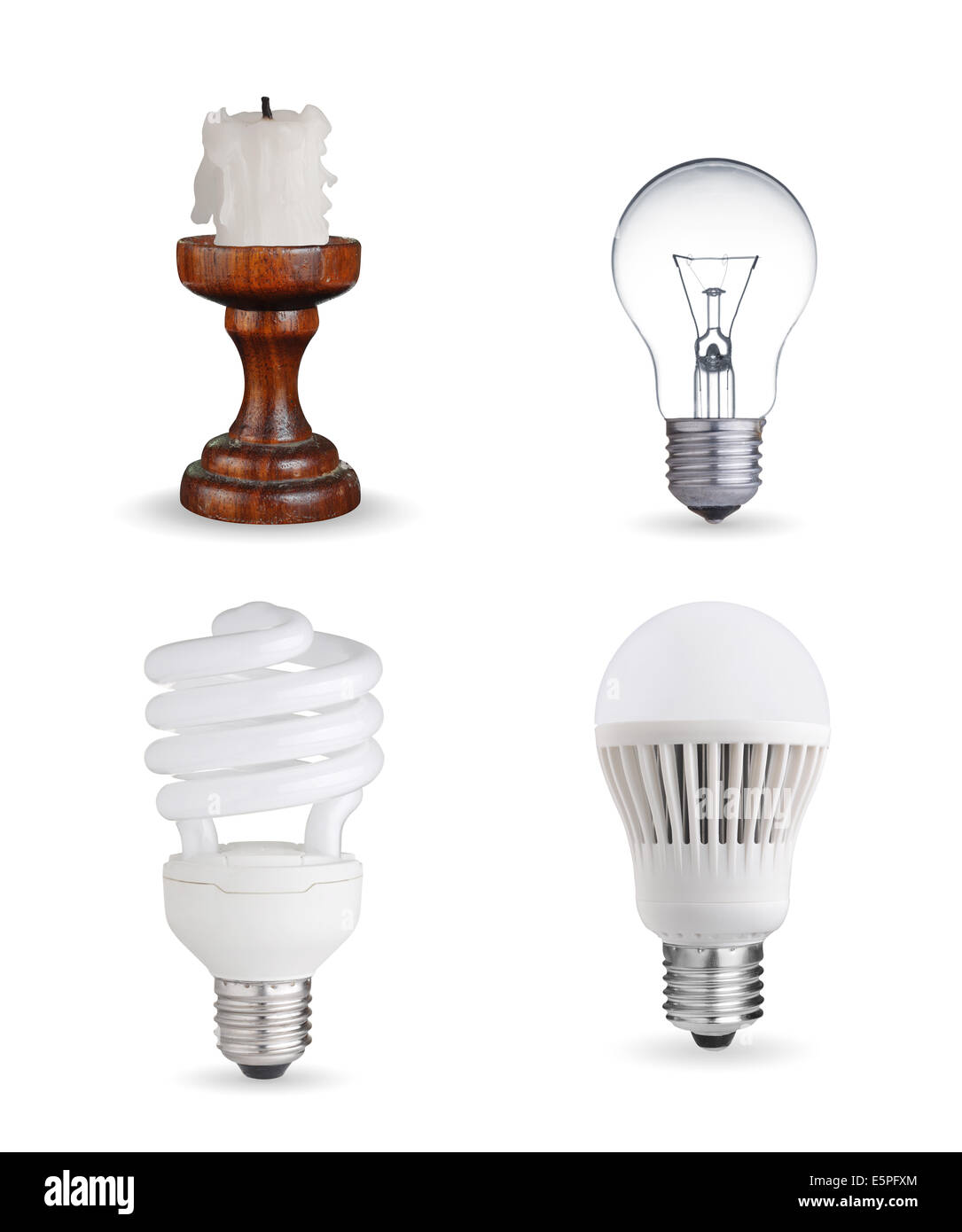Wolfram-Glühlampe, Leuchtstoff, Halogen und LED-Lampe Stockfoto