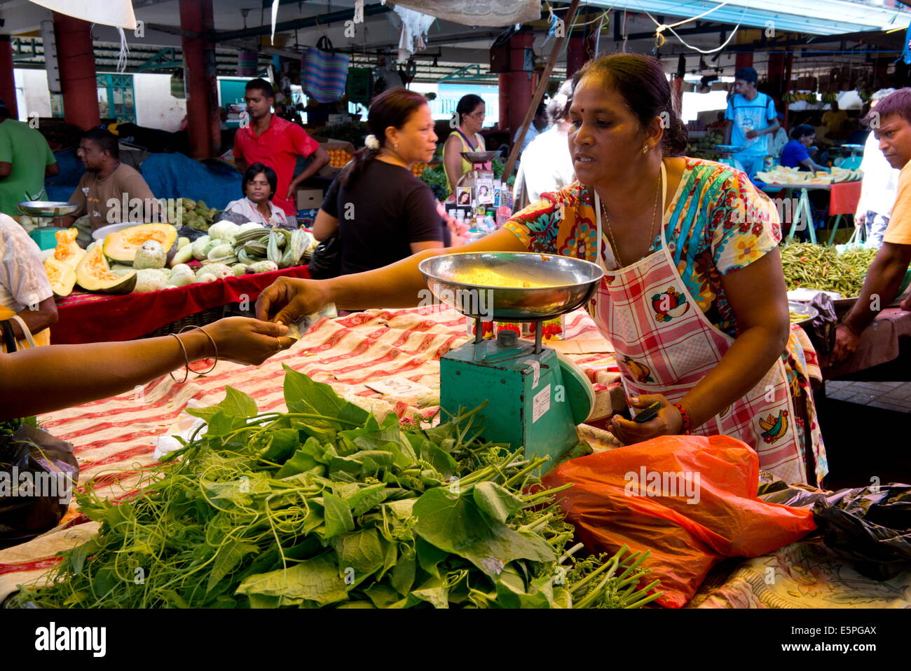 Eine Frau verkauft Gemüse auf dem Markt in Mahebourg in Mauritius, der indische Ozean, Afrika Stockfoto