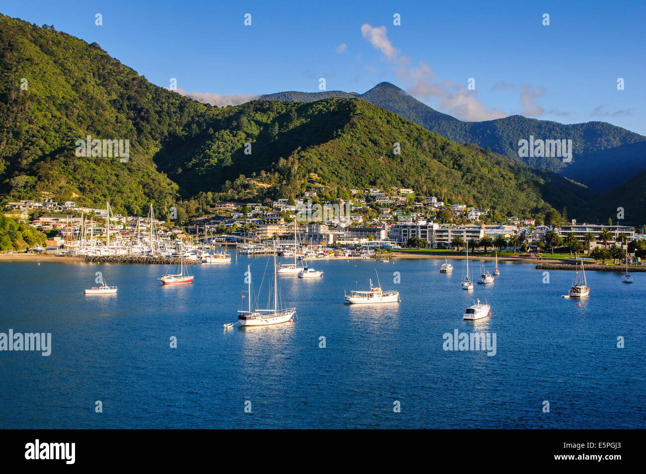 Hafen von Picton Landeplatz der Fähre, Picton, Marlborough Region, Südinsel, Neuseeland, Pazifik Stockfoto