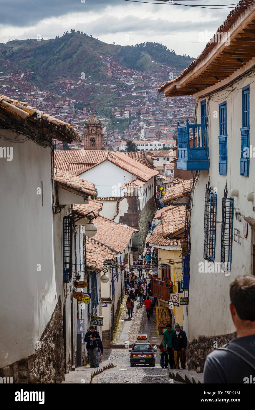 Straßenszene in San Blas Nachbarschaft, Cuzco, UNESCO World Heritage Site, Peru, Südamerika Stockfoto