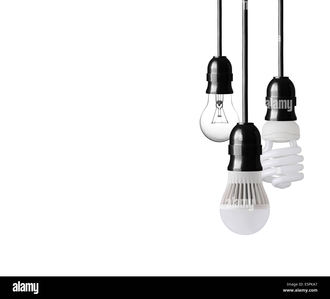 Glühbirne, Energie Saver Glühlampe und LED-Lampe auf weiß Stockfoto
