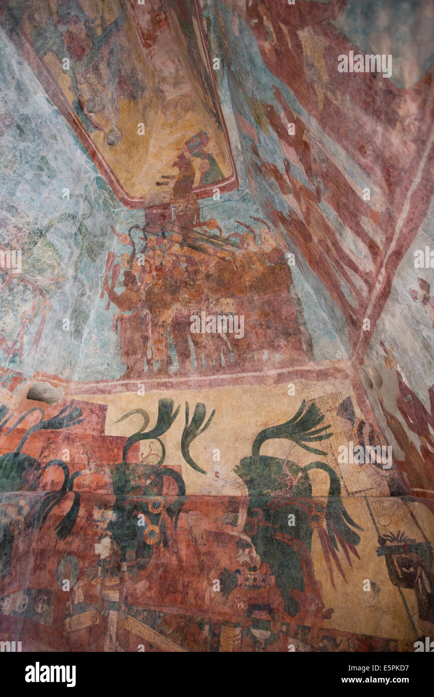 Wandmalereien, Zimmer 3, Gebäude 1, Maya-Ausgrabungsstätte, Bonampak, Chiapas, Mexiko, Nordamerika Stockfoto