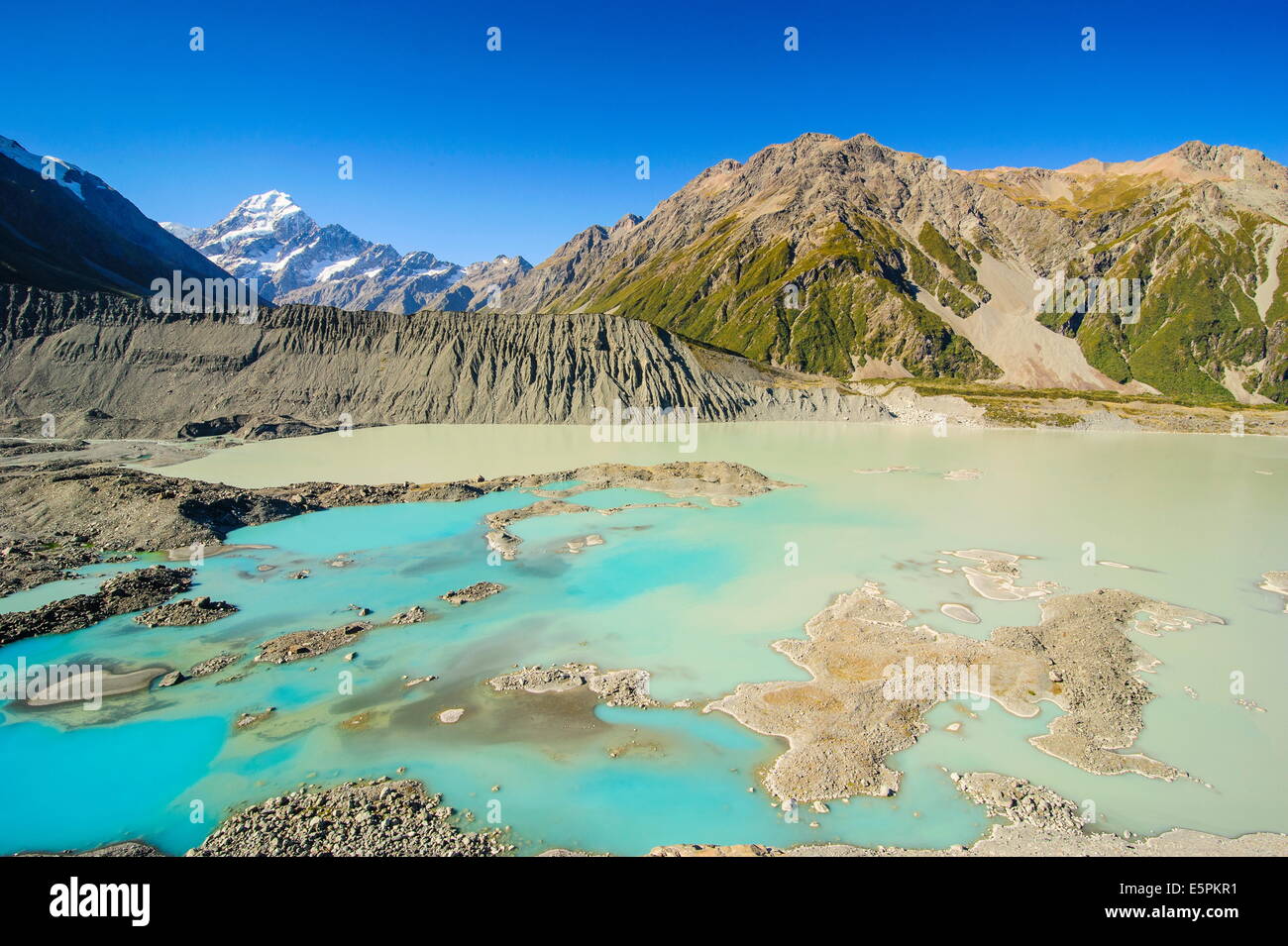 Türkisblauen Gletschersee vor Mount Cook, UNESCO-Weltkulturerbe, Südinsel, Neuseeland, Pazifik Stockfoto