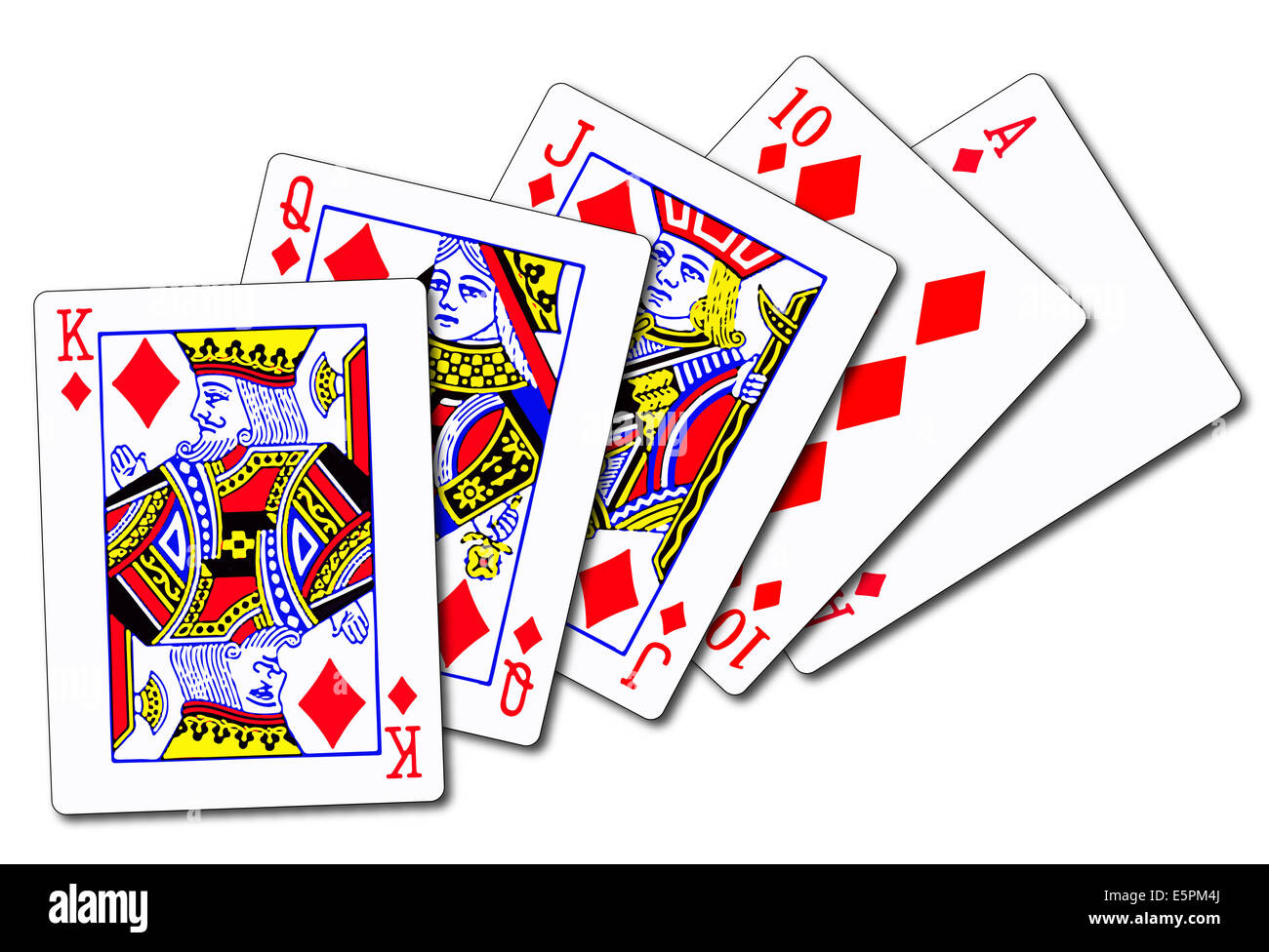 Die fünf Karten, aus denen ein Royal Flush auf einem weißen Hintergrund Stockfoto