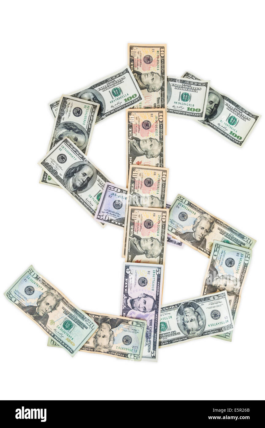 Dollar-Symbol gemacht von Dollar-Banknoten isoliert auf weißem Hintergrund mit Beschneidungspfad Stockfoto