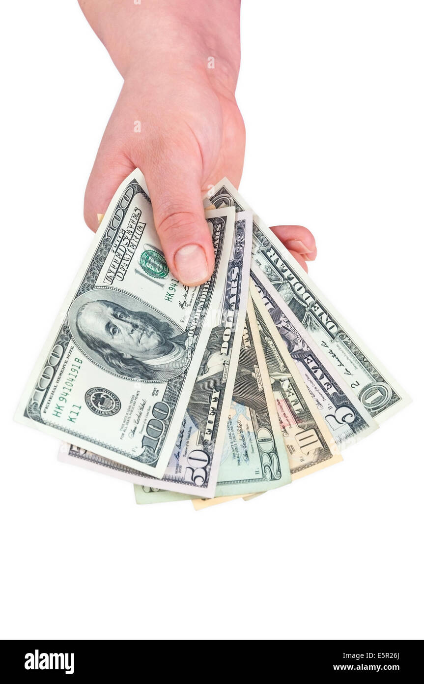 Hand hält-Dollar-Banknoten isoliert auf weißem Hintergrund mit Beschneidungspfad Stockfoto