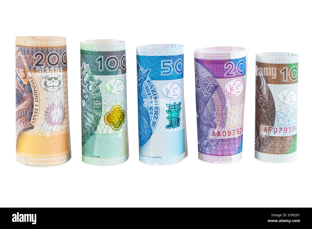 Gerollte Polnisch Zloty neue Banknoten isoliert auf weißem Hintergrund mit Beschneidungspfad Stockfoto