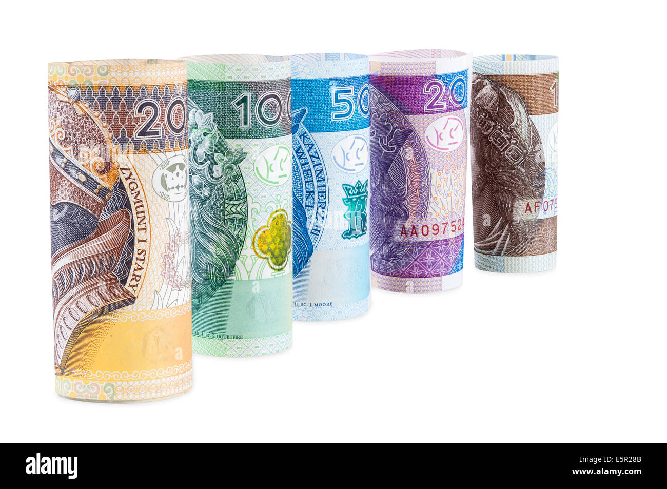 Gerollte Polnisch Zloty neue Banknoten isoliert auf weißem Hintergrund mit Beschneidungspfad Stockfoto