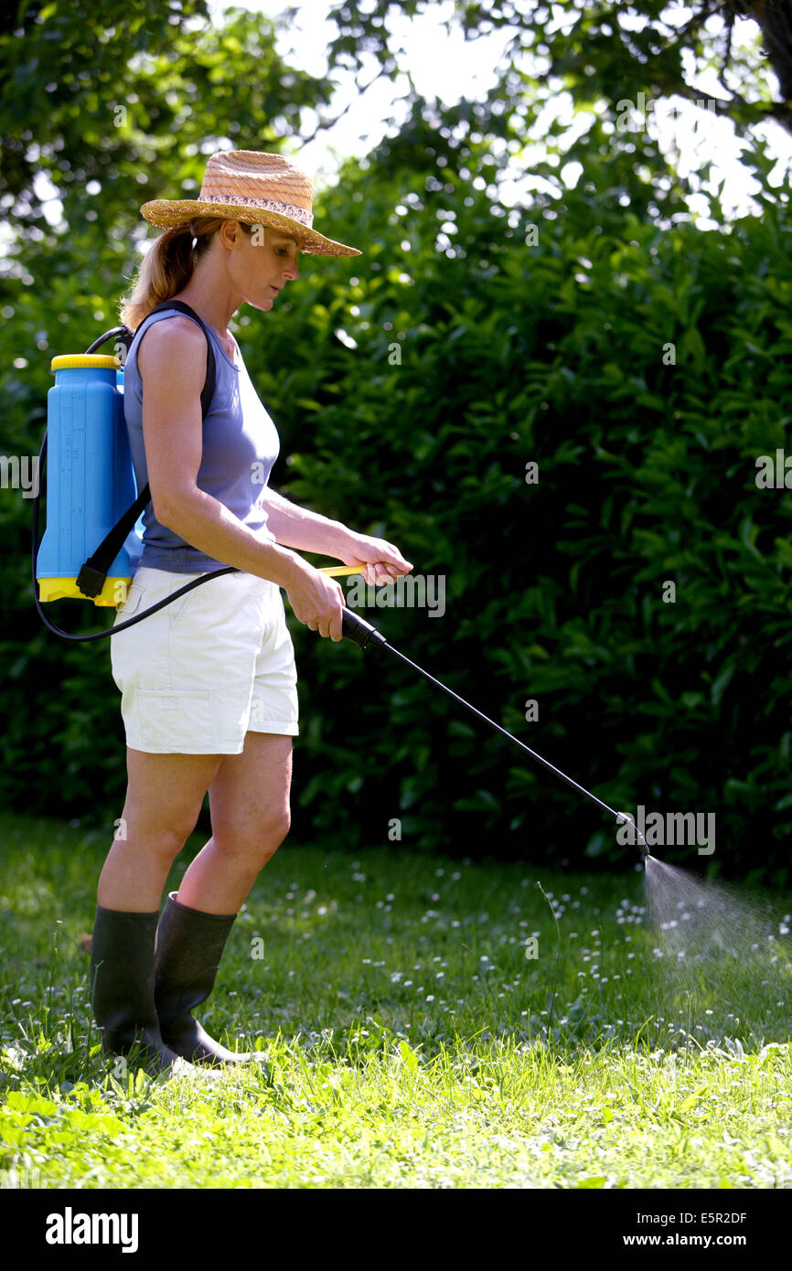 Frau Spritzen Unkrautvernichtungsmittel von Pestiziden im Garten. Stockfoto
