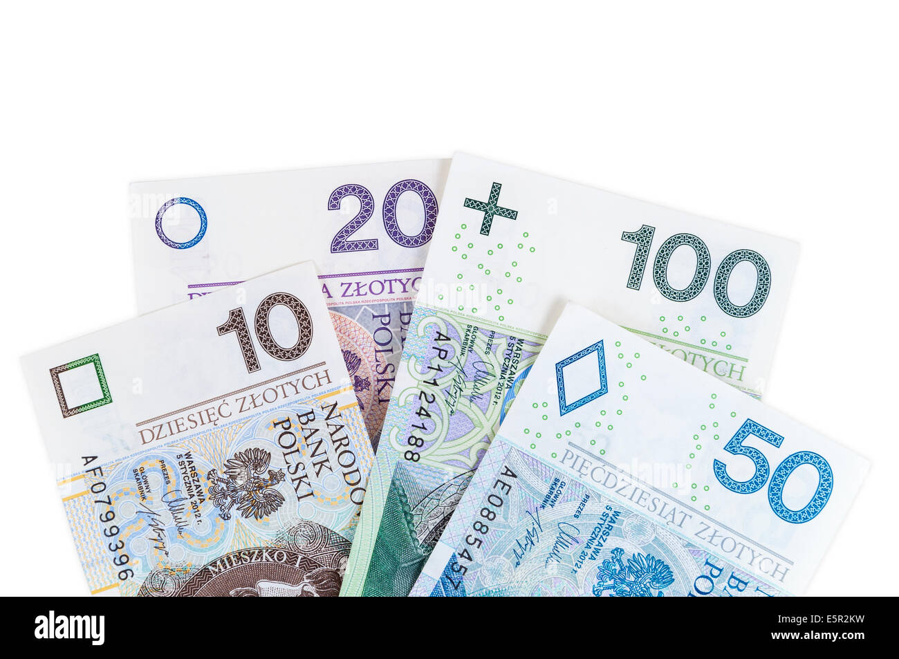 Satz von polnischen Zloty neue Banknoten isoliert auf weißem Hintergrund mit Beschneidungspfad Stockfoto