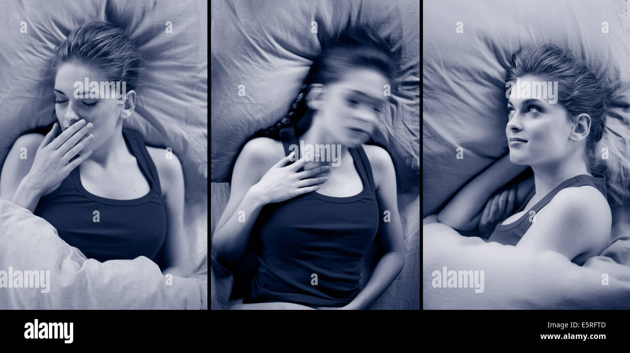 Konzeptbild auf verschiedene Phasen des Schlafes. Stockfoto