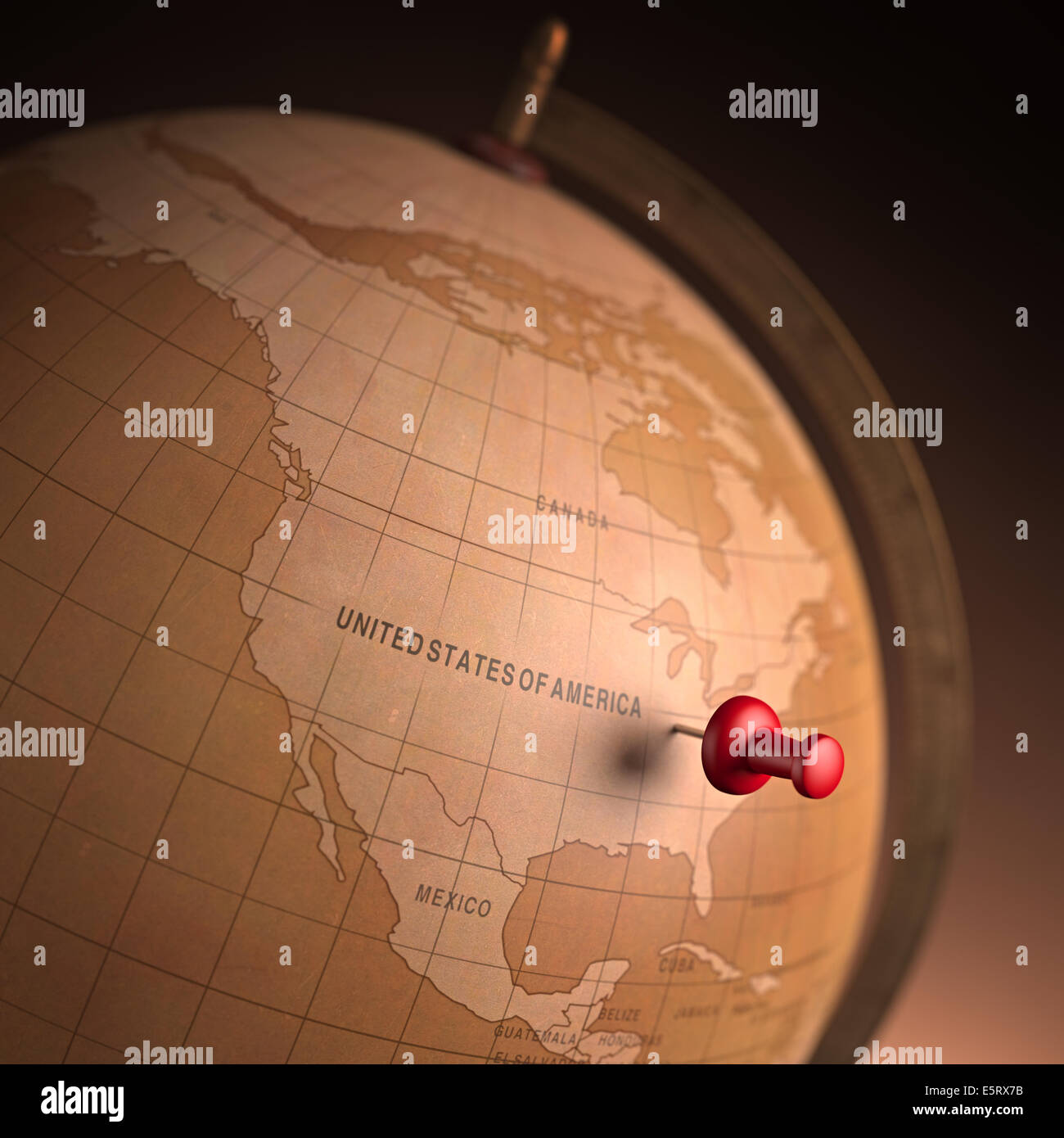 Antiker Globus mit den Vereinigten Staaten durch den Stift markiert. Clipping-Pfad enthalten. Stockfoto