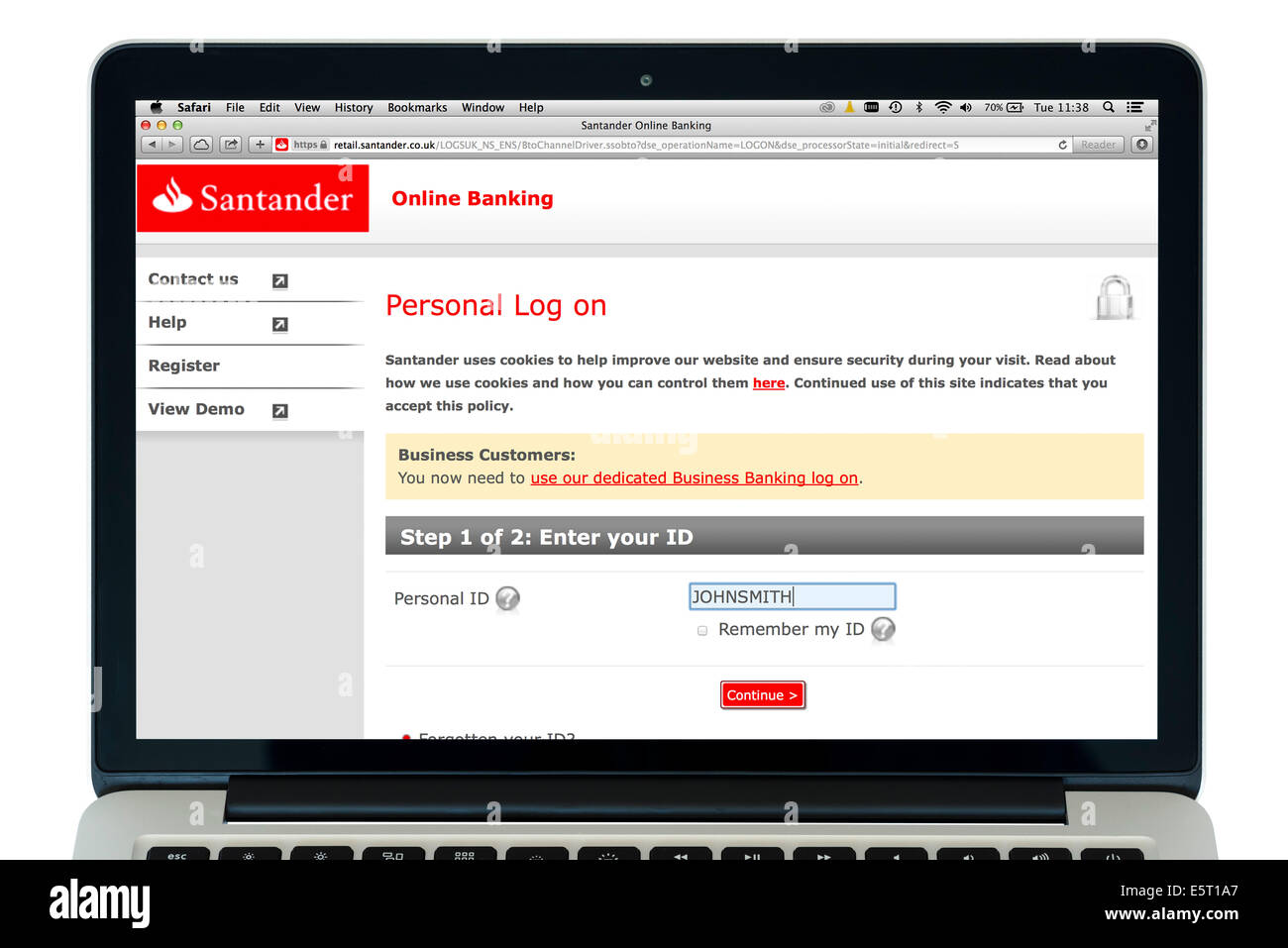 Santander online-Banking auf einem 13' Apple MacBook Pro Retina-computer Stockfoto