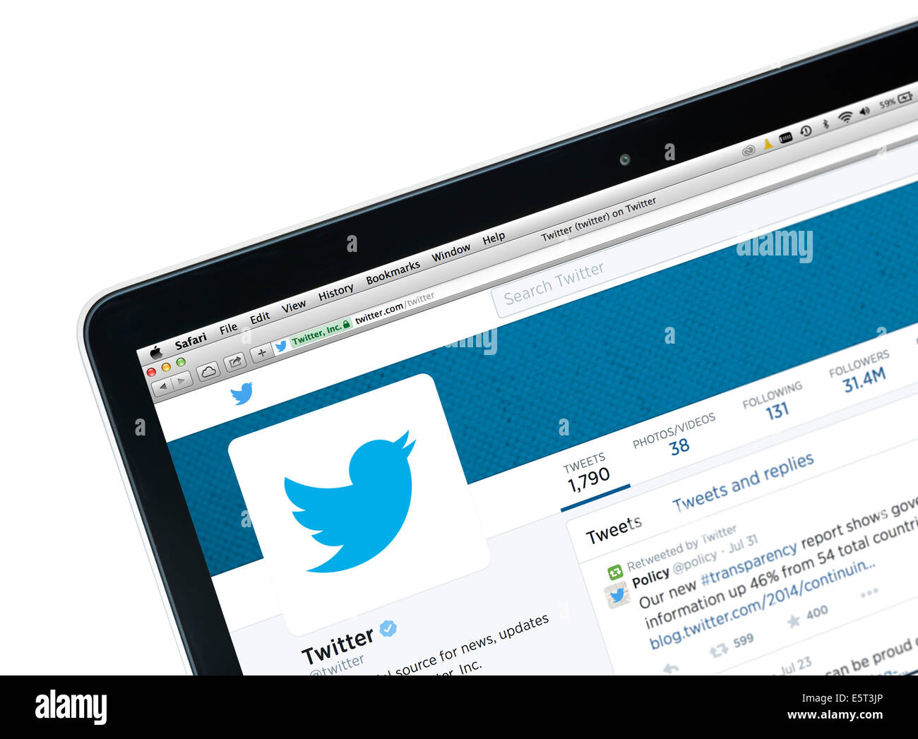 Die @twitter offiziellen Account auf Twitter, Apple MacBook Pro Retina Stockfoto