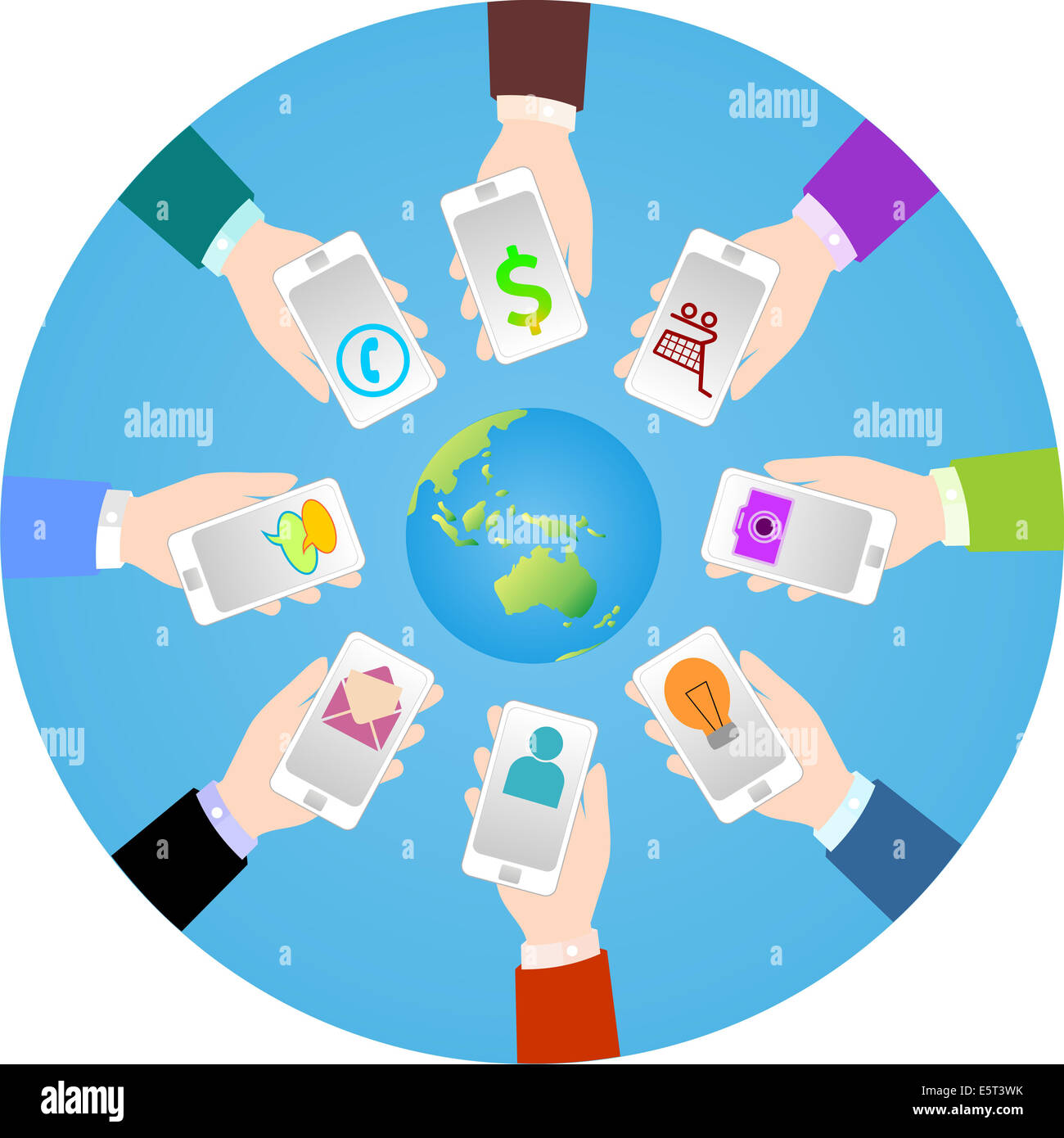 Kommunikation auf der ganzen Welt per Smartphone mit Touchscreen-Gerät. Stockfoto