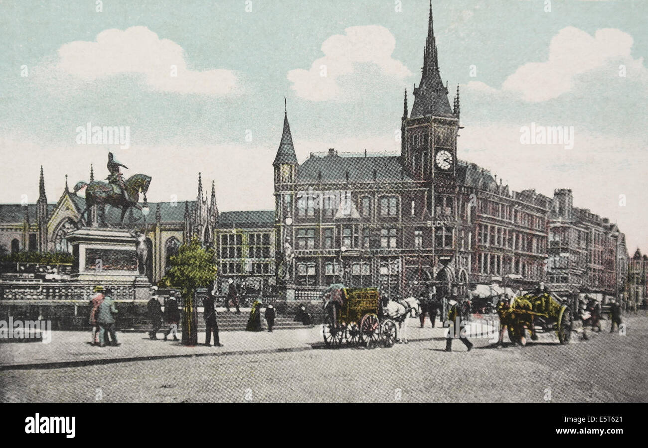 1900 Postkarte Edwardian Menschen, Pferde, Karren, Black Prince Statue, Wellington Street, Royal Exchange, Stadtplatz, Leeds, UK Stockfoto