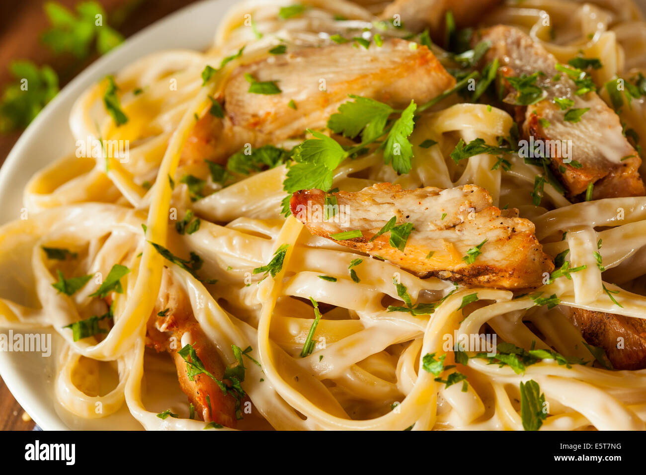 Hausgemachte Fettucini Aflredo Nudeln mit Huhn und Petersilie Stockfoto