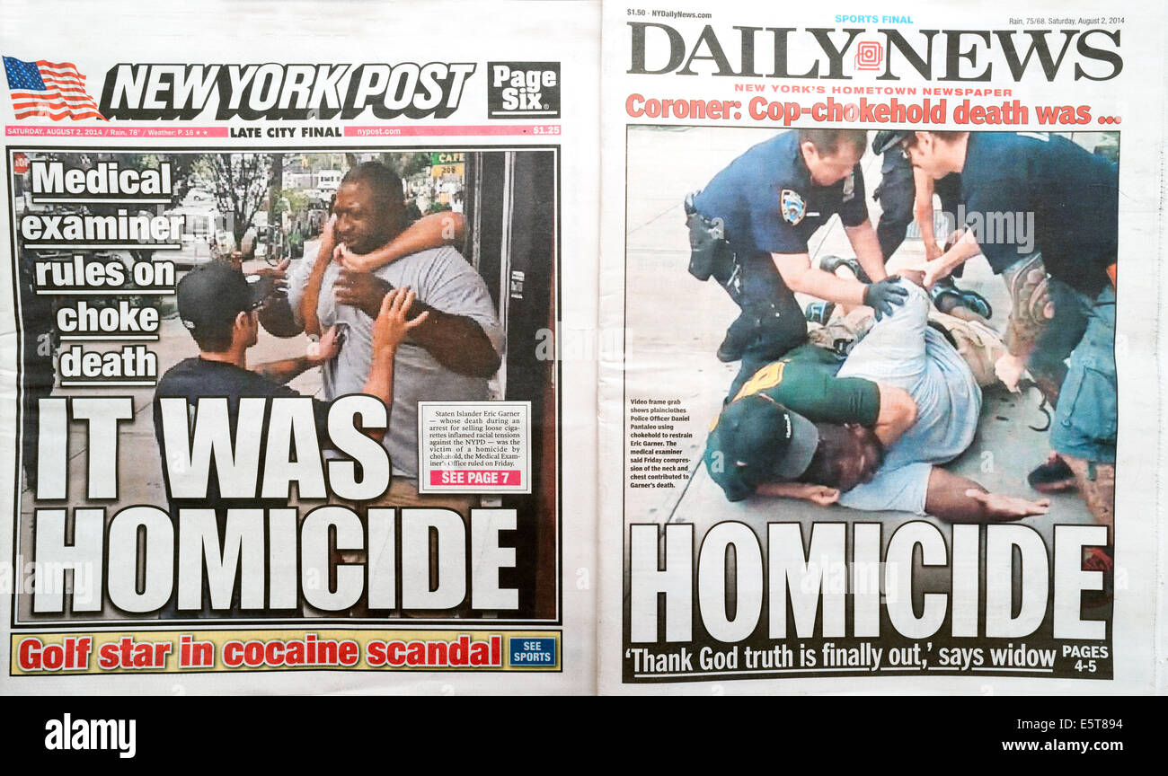 Titelseiten der New York Daily News und die Post verwenden ähnliche Terminologie, um nach dem Tod von Eric Garner melden Stockfoto