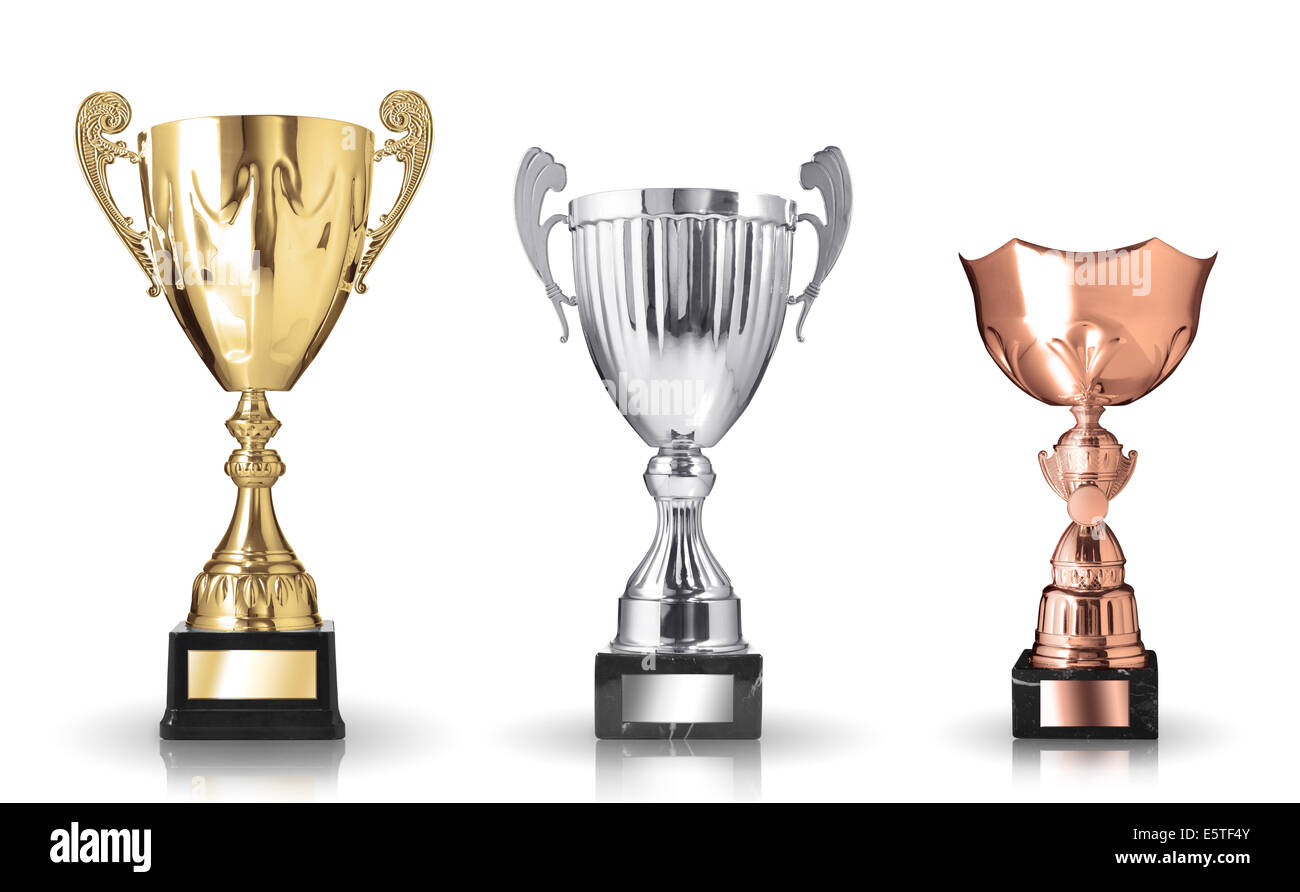 drei verschiedene Arten von Trophäen. Isoliert auf weißem Hintergrund Stockfoto