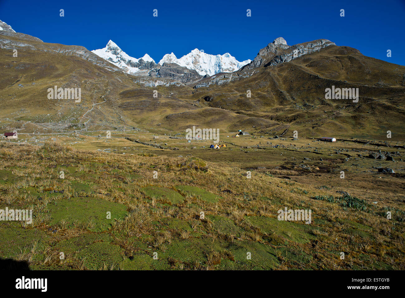 Zeltlager auf der Rückseite der schneebedeckten Mt Trapecio und Mt Nevados Jurau, Cordillera Huayhuash Gebirge Nord-Peru Stockfoto