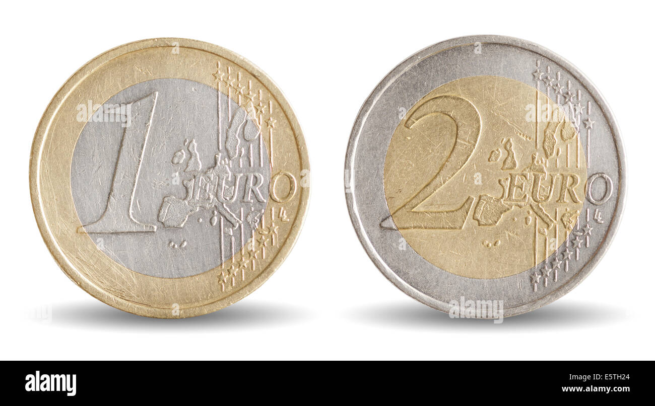 Münzen von 1 und 2 Euro - Geld der Europäischen Union Stockfoto