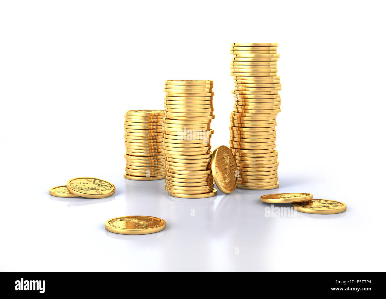 Gold-Dollar-Münzen stapeln und ein paar verlieren auf einer weißen Fläche, leicht reflektierenden. Weißen Hintergrund. Stockfoto